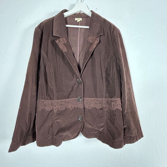 J. Jill Womens Brown Corduroy Lace Trim Blazer Jacket XL Three-Button Casual - Picture 1 of 9
